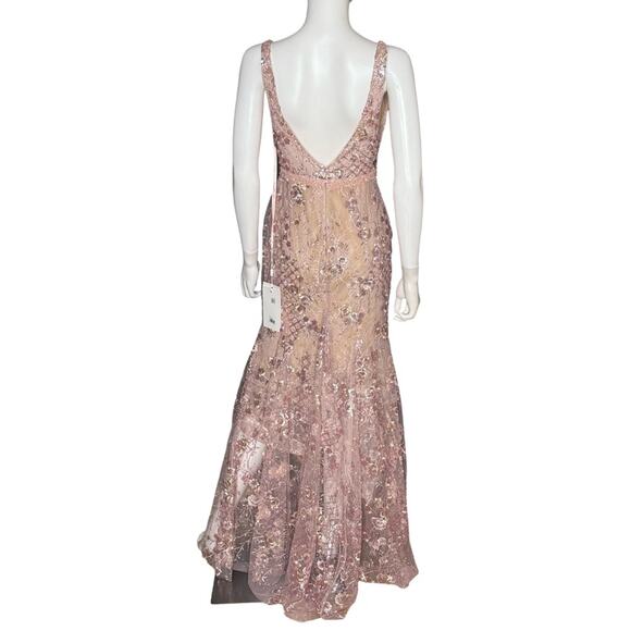 Mac Duggal Rose Pink Floral Embellished Sleeveless Plunge Neck Gown Women’s Sz 4 - Picture 7 of 10